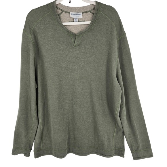 Tommy Bahama Sweater Mens 2XLT Green Beige Reversible Crewneck Pullover Raglan